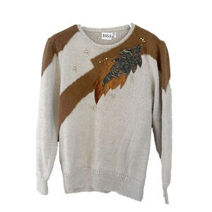 Vtg 70s/80s Women Brown Pullover Sweater Knit Crochet Floral Long Sleeve Beaded